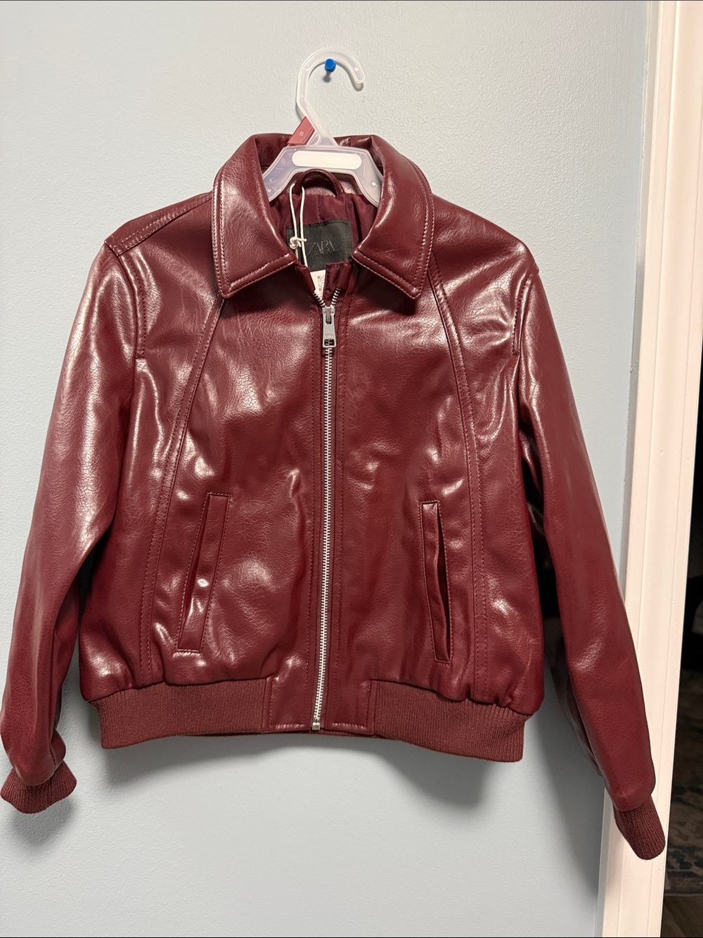Zara Burgundy Leather Bomber Jacket for girls